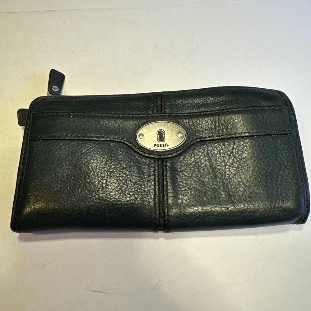 Fossil Maddox Wallet Green  Leather 3/4 Zip Around Clutch Organizer Vintage 90's